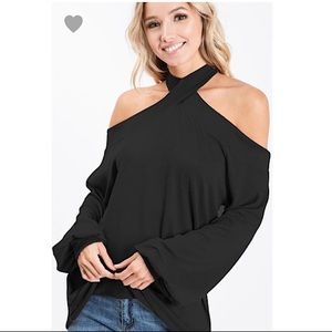 Brushed Hacci Halter Neck Top W/ Puff Sleeves